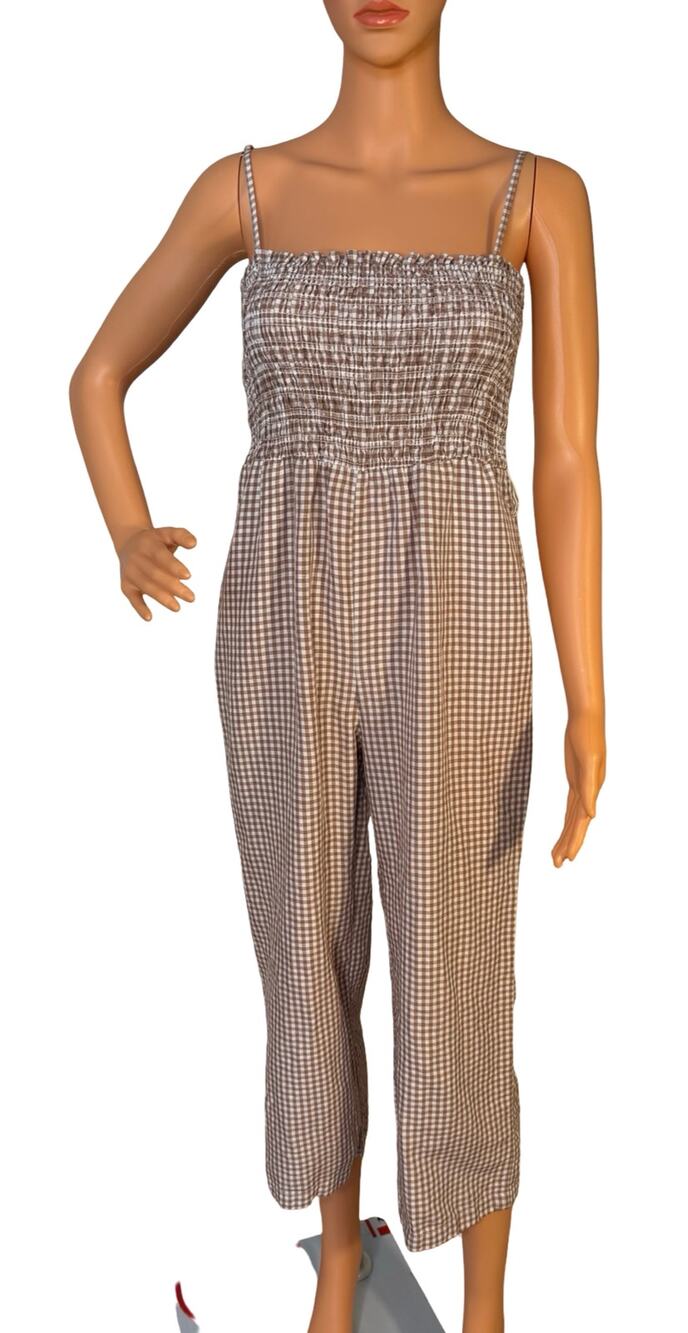 House of Harlow 1960 Gingham Linen Blend Smocked Cropped Jumpsuit Brown/Cream XS